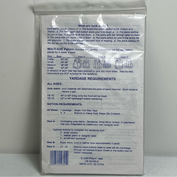 Vest Jean Denim Western S-L Junk Jeans VES100 Craft Sewing Pattern Uncut Rodeo - Picture 3 of 4